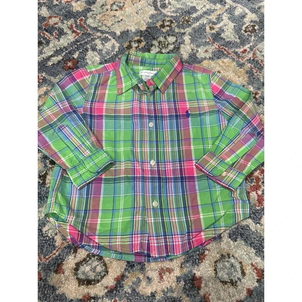 Ralph Lauren Button Down Kids 24M Green Pink Madras Plaid EUC‎